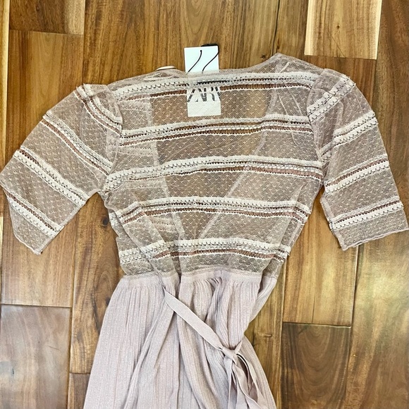 Zara Knit & Lace Wrap Dress Long Blush Pink Semi-Sheer V-Neck Size Small - Picture 12 of 16